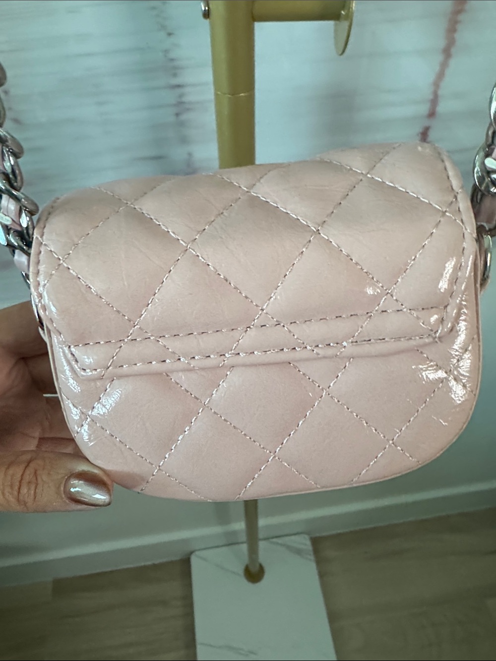 Pink Quilted Mini Crossbody Bag with Chain Strap - Picture 6 of 10